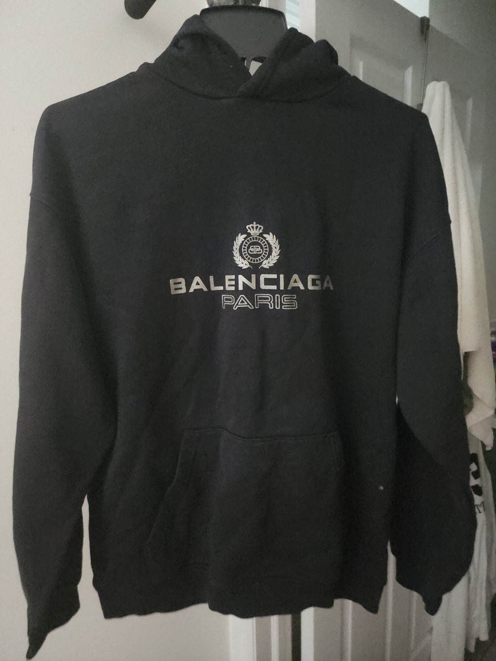Balenciaga Black Hoodie with Silver Crest Logo. M-L